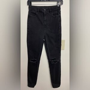 American Eagle Strech Distressed Curvy Highest Rise Jegging Black Jean Pant Sz 2